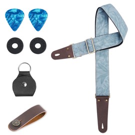 Lvkjafaz Adjustable Guitar Strap Includes 2 Strap Locks & 2 Matching Picks & 1 Picks Holder & 1 leather Strap Button.Leather ends Guitar Shoulder Strap(1-Carved Light Blue)