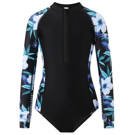 Girls Long Sleeve Swimsuit: One Piece Bathing Suit UV UPF 50+ Sun Protection Zip Swimsuit Bathing Suit 12 14 Years