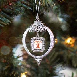 Inspired Silver - Orange Ribbon Survivor Silver Christmas Ornament - Square Charm Christmas Tree Ornament with Cubic Zirconia - Holiday Hanging Decoration