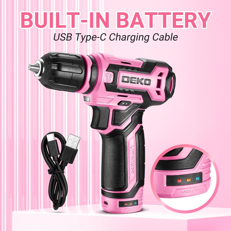 Cordless Drill：DEKOPRO 12V Power Drill Set with Pink 800RPM Electric