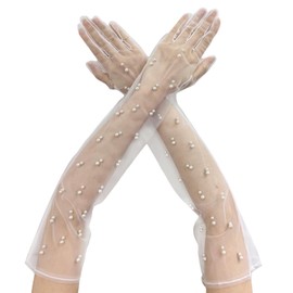 AWOCAN Women Sheer Long Gloves Pearl Mesh Tulle Sheer Gloves Wedding Bridal Gloves 1920's Dance Gloves Long Opera Party Gloves (white, L)