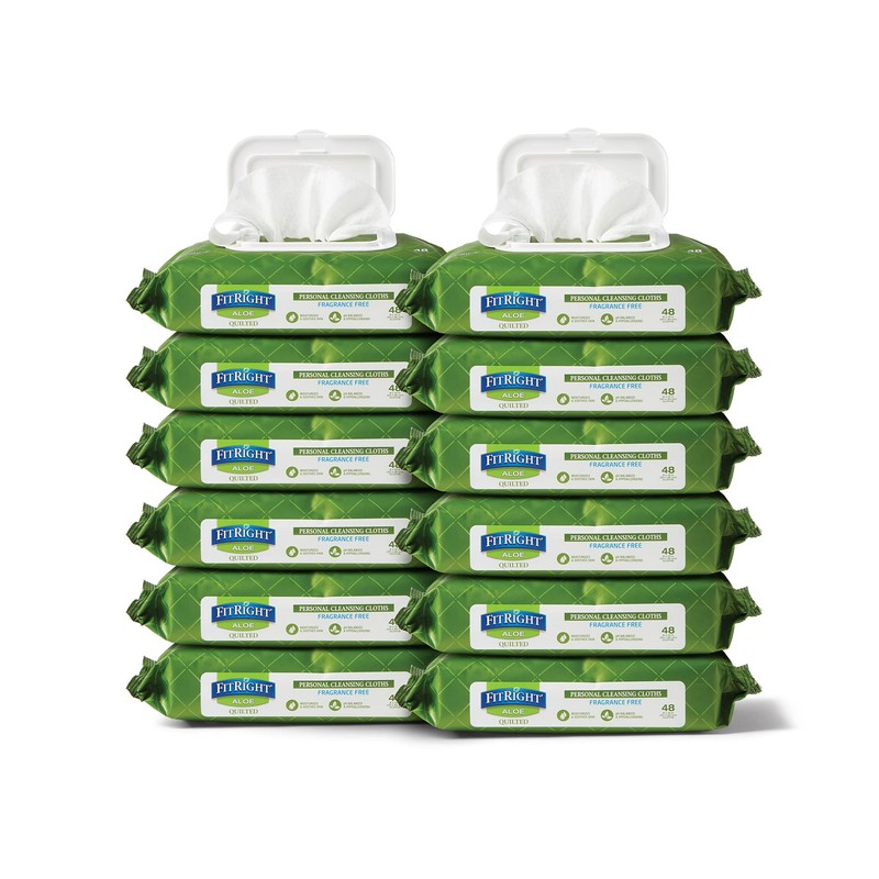 FitRight Aloe Quilted Heavyweight Personal Cleansing Cloth Wipes, Unscented, 576