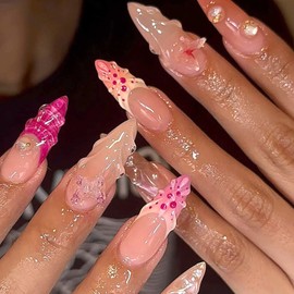 Press on Nails Almond Medium Fake Nails French Tip Nails Press ons Glossy Glue on Nails Pink False Nails with 3D Butterfly Pearl Flower Water Ripple Designs Artificial Stick on Nails for Women 24Pcs