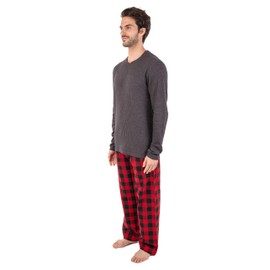 PLATINUM MENSWEAR Men's Soft Waffle-Knit Warm Top with 2 Pocket and Adjustable Drawstring Flannel Plaid Pants Pajama Set (Red Buffalo, Large)