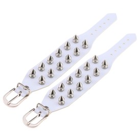 FM FM42 White PU Simulated Leather Silvert-tone Spikes Rivets Buckle Adjustable Buckle Bracelet, Pack of 2 PCs