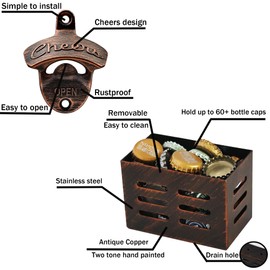 Luwanburg Rustic Cheers Bottle Opener Wall Mounted with Cap Catcher Drain