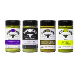 Seasoning Set by KINDERs, 4 Pack of 10.5 oz The Blend, 9.5 oz Buttery Steakhouse, 9.5 oz Woodfired Garlic, 9.4 oz Cowboy Butter, Pantry Essential