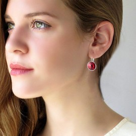 Austrian Crystal Round Drop Leverback Earrings for Women 14K Gold Plated Hypoallergenic Hoop Earrings (Red)