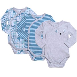 Baby Boy 3-Pack Long-Sleeve Kimono Bodysuit Set, Teal Stripes and Gray Heather Outfit for Newborn