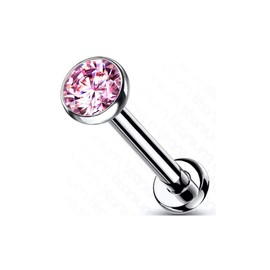 Amelia Fashion Implant Grade Titanium Threadless Push in Labret, Flat Back Studs, CZ Bezel Set Ball Top for Cartilage, Monroe, Nose and More (Pink -16GA (1.2mm) - L.5/16" (8mm) - Ball: 3mm)