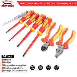 BILITOOLS 1000V Insulated Electrician Screwdriver & Pliers Set - 7pcs Electrical Tools Kit with Magnetic Phillips, Slotted Screwdrivers, VDE & GS Certified