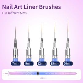 MEKK Liner Brush for Nails Gel Set - 5pc Nail Art Brushes with Metal Handle - Sizes 7/9/12/15/20mm - Pink Acrylic Nail Brush for Gel Polish Painting