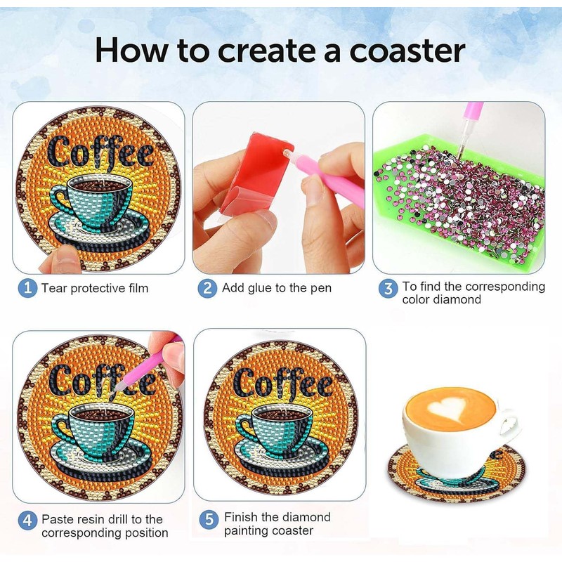 8 Pcs 5D DIY Coffee Diamond Paintings Coasters with Holder