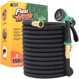 Flexi Hose with 8 Function Nozzle, 150FT - Lightweight Expandable Garden Hose, No-Kink Flexibility, 3/4 Inch Solid Brass Fittings and Double Latex Core