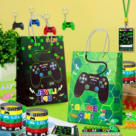 Kaxulvoblig Video Game Party Favors for Kids, 110pcs Gamer Party Favors Set Including Video Game Wristband Slap Bracelets Keychain Vip Pass Ticket & Gamer Goodie Bags etc Gaming Party Favors for Boys