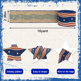 Patriotic Ribbon for Wreath Bows Wrapping Gift Wavy Lines Red Blue Patriotic Ribbon for Gift Wrapping Memorial Day DIY Crafts 2.4" X 10 Yards Patriotic Wired Ribbon for 4th of July Decoration Supplies