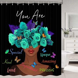 Black Girl Shower Curtain, African Women Shower Curtain Teal Rose American Girl Shower Curtain Afro Girls African Black Art Shower Curtain, Motivational Shower Curtain Set with Hooks (70X70)