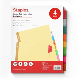 Staples 8-Tab Large Insertable Print-On Dividers for 3-Ring Binders, Letter Size 8.5 x 11 Inch, Assorted Colors, 4 Sets
