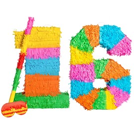 Fax Potato Pinata Set with Stick & Blindfold - 16th Birthday/Anniversary - Rainbow
