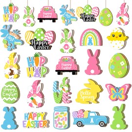 GlikCeil 40 Pcs Easter Wooden Hanging Ornaments Wood Easter Tree Decorations Decorative Spring Butterfly Flower Easter Egg Gnome Bunny Wooden Hanging Craft for Easter Spring Party Supplies (Gnome)