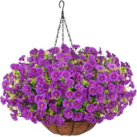 Artificial Hanging Flowers for Outdoors, UV Resistant Fake Flowers with Hanging Baskets, Artificial Flowers for Decoration Outdoors Garden, Spring Decor for Patio Porch (With Basket):_Purple(10pcs)
