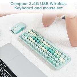 Compact Wireless Keyboard and Mouse Combo, Colorful Round Keycap, Soundless 68 Keys, Suitable for Girls and Kids, Compatible with Notebook, PC (Green)