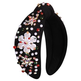 Christmas Holiday Headbands Accessories for Women Beaded Christmas Tree Headband Festive Xmas Knotted Headband Red Green Rhinestone Crystal Wide Top Knot Headband Holiday Gifts (Snowflake 2 - Black)