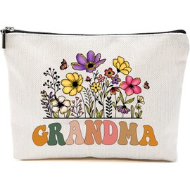 Grandma Wildflowers Gifts For Mother's Day Makup Bags - Grandma Flower Gift Bags - Mom Grandma Birthday Gifts - Travel Cosmetic Bag For Birthday, White, 7”x9.8”