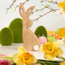 com-four® Decorative Rabbit Made of Mango Wood, Decorative Wooden Easter Bunny for Standing, Stand Rabbit as Easter Decoration (1 Piece, Rabbit with Plush Tail)