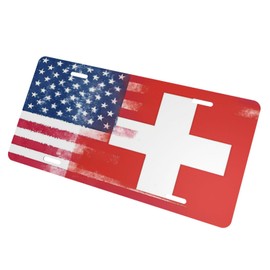 KOSUES Half Switzerland Swiss Half American Flag Aluminum License Plate 6 x 12 Inch Metal Car Front License Plate Cover Car Decor Accessory Novelty Vanity Decoration Tag with 4 Holes Gift