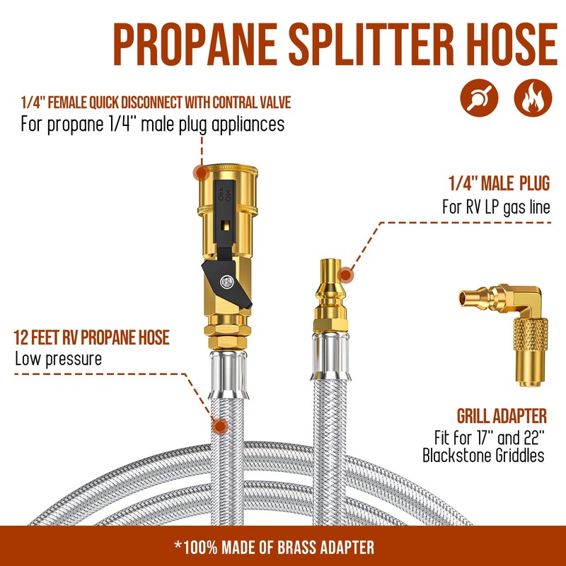 12FT Propane Hose Quick Connect Fittings for RV to Grill