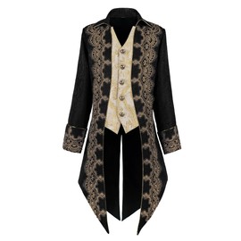 Bvfjqup Mens Steampunk Medieval Tuxedo Jacket Embroidery Tailcoat Vintage Gothic Tuxedo(XL,YT2303BK)