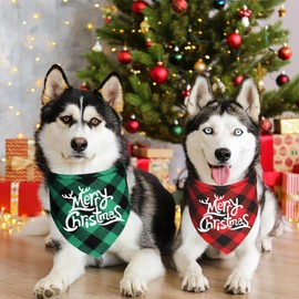 JOTFA 2 Pack Christmas Dog Bandanas, Multi Sizes Holiday Christmas Plaid Dog Puppy Bandana Scarf Costume for Small Medium Large Dogs Pets (Large)