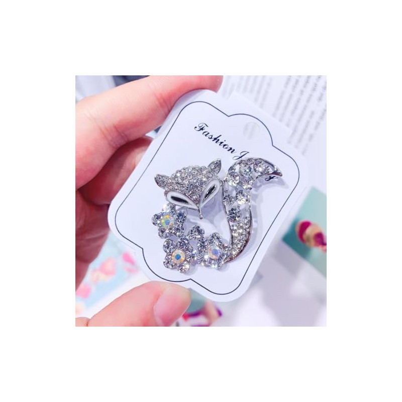 Crystal Rhinestone Fox Brooch Pin, Silver Tone with Aurora Borealis