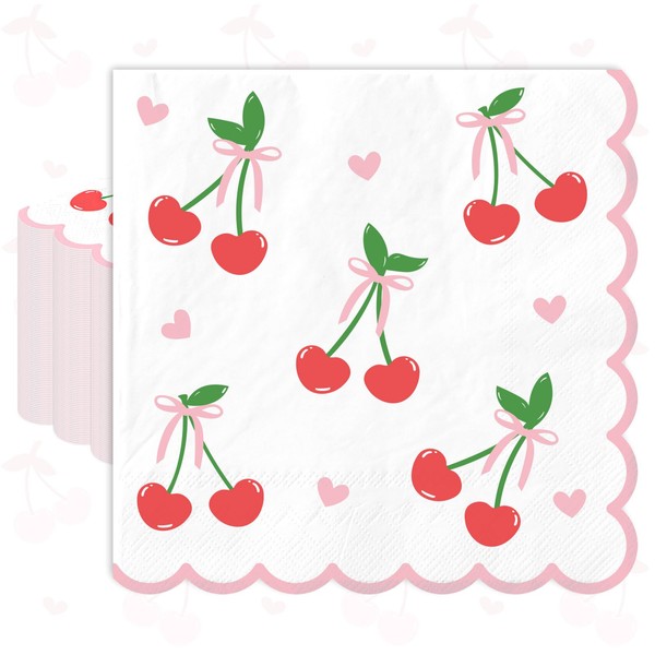FYSUIMU 50Pcs Bow Cherry Scalloped Napkin Coquette Paper Luncheon Napkin