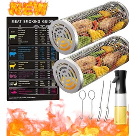 Grill Basket 2 PCS, BBQ Rolling Grilling Accessories With Oil Spray Bottle, Multipurpose Stainless Steel Vegetable Slices Basket, Portable Outdoor Camping Barbecue Rack for Veggies, Fries, Fish, Meat