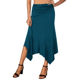 DJT Damen Elastisch Plissierte Taille Elegant Rock A-Linie Faltenrock Midi Rock mit Taschentuch Saum Blaugrün XL