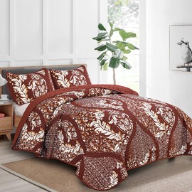 DJY Burgundy Quilt Set Queen Size, Boho Red Gold Damask Bedspread Coverlet Set Soft Lightweight Microfiber Luxury Bedding Set 3 Pieces for All Season (96"x90")