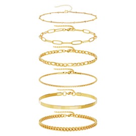 GMHLLES Gold Bracelet for Women,6 Pcs Plated Bracelets Set 14K Gold Paperclip Link Bead Bracelet Cuban Link Bracelet Stainless Steel Stacking Bracelets for Girls Charm Bracelets Set Fashion Jewelry