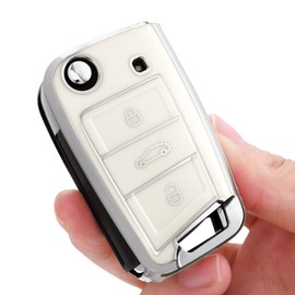 OATSBASF OATSBASF Car Key Cover for VW Golf 7 Key Box/Key Case Cover for VW, Polo, Skoda, Seat, 3 Buttons,Silver Edge White
