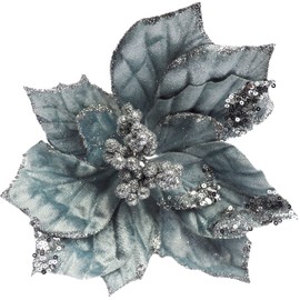 BWG Clip On XL Grey Sequin 22cm Poinsettia Flower Christmas Decorations (Set of 6)