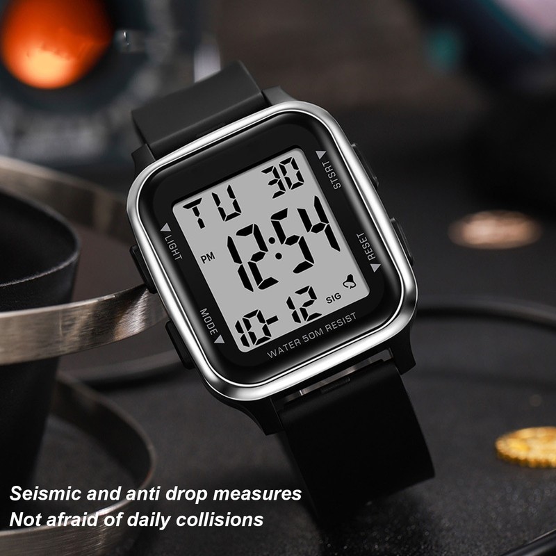 Digital Watch EL Backlit Waterproof Multifunctional Stylish Square Watch for