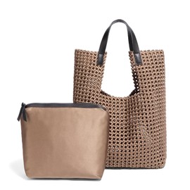 Leather Satin Woven Tote Bag for Women Hollow Out Handbag 2 Pcs Set Female Shoulder Bag Shopper Bag Fashion Clutch (Champagne)