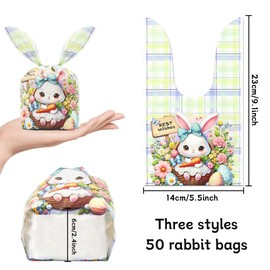 50 PCS Easter Candy Wrapping Bags Bunny Ears Goodie Bags Plaid with Rabbit Candies Bags Party Treat Bags Gift Bags Cookie Chocolate Snack Packing Bags for Kids Birthday Easter Party Supplies