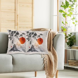 Swono Outdoor Pillow Covers Bamboo, Japanese Bamboo Trees Mountains Red Sun Painting Home Decorative Throw Pillow Case Cushion Cover for Men/Woman/Bed/Sofa/Office/Car, 18x18 Inch 2Pcs Pillow Covers