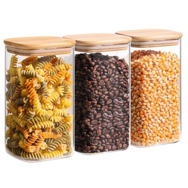 ComSaf 44oz Glass Storage Containers with Lids, Glass Jars with Lids, Clear Food Storage Jar, Square Glass Canister Set of 3, Pantry Organizers and Storage for Flour Oat Pasta Tea Cookie Coffee Bean