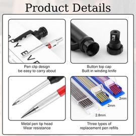 Deep Hole Marker Pencil Set, Drill Hole Marker Mechanical Pencil, 32 Leads, 2 Pieces, Deep Hole Woodworking Pencils with Built-in Sharpener, Carpenter's Pencil for Architect Construction (Black, Red