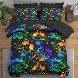 Pamnest 5 Pcs Comforter Set Twin Size, Cartoon Truck Car Bedding for Kids and Adults, Tie-dye Vehicle Wheel Bed Sheet Sets with Fitted Sheet Pillowcase & Sham