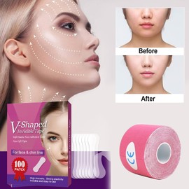 Bisienya 100 Pcs Waterproof Face Tape Lift,Invisible Face Lift Tape,Natural Lifting,Effectively Covers Fine Lines,with 1 Pink Volume Sports Patch Tape for Double Chin Neck and Face Wrinkle