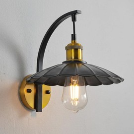 HOREVO Industrial Wall Sconces, Vintage Wall Light Fixtures with Scalloped Metal Shade, Matte Black & Gold Wall Mounted Lamp for Bedroom, Farmhouse Porch, Hallway, Kitchen (E26 Bulb Ecncluded)